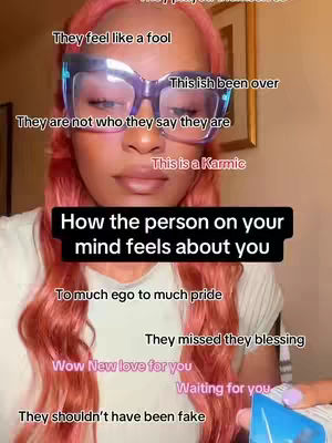 A woman with pink hair and large glasses is the main focus. Text overlays provide various phrases related to relationships and feelings. The background is a blurred interior.