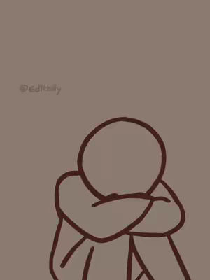 A minimalist drawing of a person is sitting with their head resting on their knees against a neutral, taupe backdrop. The figure is a basic stick figure, with enclosed circular head and brown outline. The background is a solid color, making the figure a clean subject.