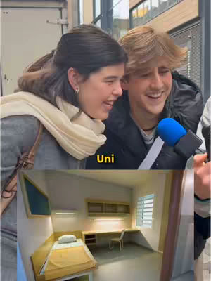 The image displays a split scene with two main elements. The top portion shows two young people, a girl and a boy, smiling and seemingly being interviewed with a microphone. The bottom of the image is a digitally rendered interior of a university room, showcasing a bed, desk, and window. Colors are natural, blending the candid street scene with the sterile, stylized room environment.
