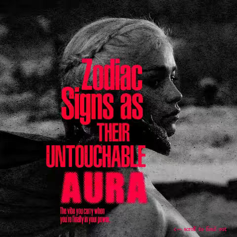 The image presents a side profile of a woman with blonde hair, styled in a braid, set against a blurred, dark backdrop. Overlaid in bright pink text are the words "Zodiac Signs as THEIR UNTOUCHABLE AURA." The text is layered, with the word "AURA" in a larger font size to bring emphasis to the word. The use of this stark contrast gives a striking and emotive visual, while the choice of character in the image adds to the creative feel of the piece.