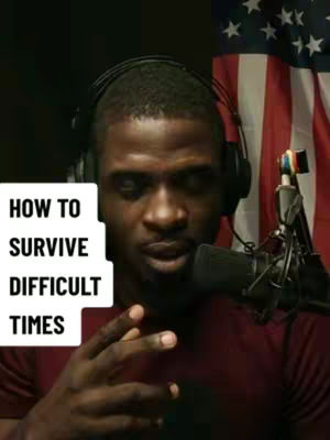 A man with headphones and a microphone is centered. The man is wearing a maroon shirt. Behind him is an American flag. A white box is on the left side with text.
