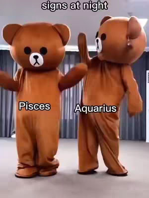Two individuals in brown bear costumes dancing. The bear on the left has its arms out, and the bear on the right is raising an arm. Text labeling them "Pisces" and "Aquarius" is included in lower-center of the image