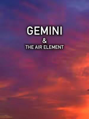 A cover image with a vibrant sunset-like backdrop of deep purple and orange hues. The text overlay features the word 'GEMINI' in a bold, white, san-serif font, with the words ' & THE AIR ELEMENT' underneath in the same font style.