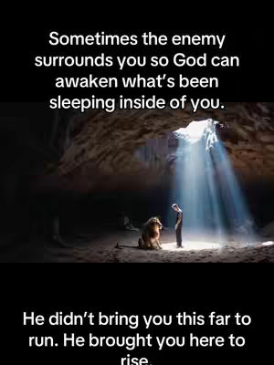 A digitally created image depicting a scene within a cave. A beam of light shines down from an opening above, illuminating a person standing before a lion. The lion is seated, facing the person. Text is overlaid at the top and bottom of the image.
