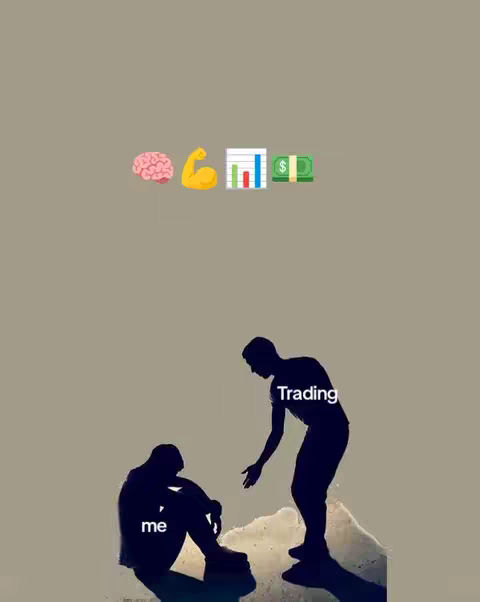 The image features a silhouette of two figures against a neutral backdrop. One figure is kneeling, head slumped down, labeled with the text 'me'. The other figure, labeled 'Trading', stands and gestures towards the first with a hand outstretched. Above these figures are emojis: a brain, a flexing bicep, a bar graph, and a stack of money, suggesting the components of trading. The overall composition uses a minimalist approach with a focus on the silhouettes and symbolism.