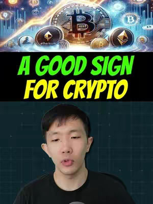 The cover image is divided into three sections. The top section features a stylized graphic of multiple cryptocurrencies, including Bitcoin and Ethereum, along with a backdrop of financial charts and glowing lines. The middle section displays a bold text overlay that reads, "A GOOD SIGN FOR CRYPTO" in green and yellow. In the bottom third, a person is present, wearing a black shirt, positioned in front of a dark background.