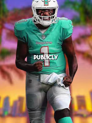 The cover image features a football player, Tua Tagovailoa, in a Miami Dolphins uniform. He's the focal point, positioned with his hands on his hips and a determined expression behind his helmet. A large, stylized text overlay of the word 'PUBLICLY' is placed prominently over the player's chest. The background is a blurred mix with green and yellow tones, possibly representing a stadium or a city skyline at dusk. The overall composition is dynamic, emphasizing the player's stance and the message overlaid on him.