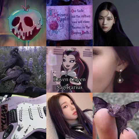 A grid made of 9 images showcasing visuals related to Ever After High characters and themes. It includes images of a poison apple with a skull, text from a book, a woman's face, crows, a cartoon of a Raven Queen, a person’s eye, a guitar, another woman's face, and a bat.