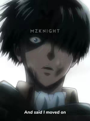 A close-up anime screen capture featuring a serious-looking young man with dark hair partially covering one eye. His expression is intense, with visible shadows on his face and a tear or wetness around the eye. The background is blurred, with added text overlays.