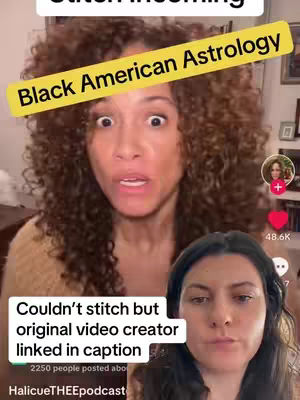 The cover features a woman with curly brown hair looking wide-eyed with a yellow banner that says "Black American Astrology" across her forehead, with an inset video of a woman in front of a blurred background. Text overlay at the bottom. There are some comment and like icons on the right side.