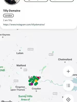 The cover image is a screenshot from a map application. The map shows a region with several highlighted areas. The name "Tilly Demaine" and the location of "London" are displayed, alongside a profile image. The layout is clean, with a user interface overlay on the map. Color scheme consists of greens and purples for the map markers, set against a gray background, with white and black text elements.