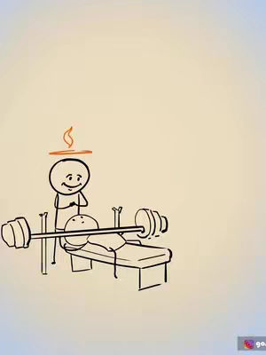 A minimalist cartoon-style image. The image depicts a stick figure lying on a weight bench, appearing to be lifting weights. Another stick figure, with a halo above its head, stands behind the bench, seemingly spotting the lifter. The figures are drawn in black lines against a gradient background that shifts from light yellow-tan to a slightly lighter tone.