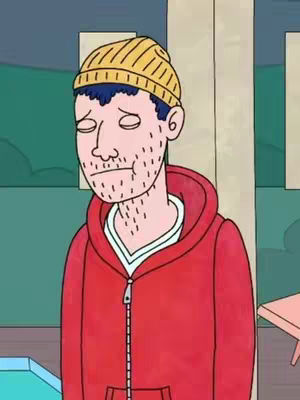 An animated image from the show BoJack Horseman featuring the character Todd, with his eyes closed and appearing to be emotional. He's wearing a yellow beanie, a red hoodie, and a white shirt underneath. The background is blurred with a mix of blue and light beige tones.