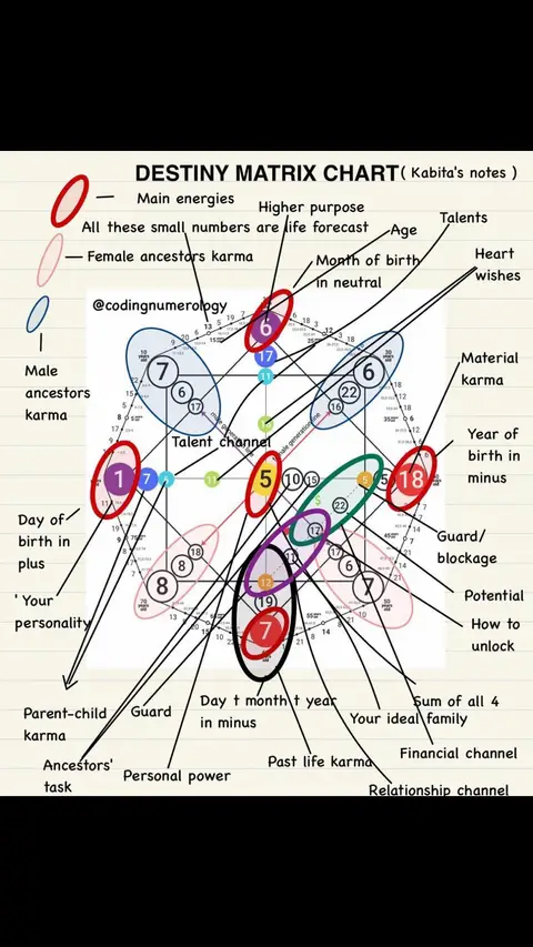 The image is a detailed chart, densely packed with text, lines, and numbered circles. It features a white background with black annotations and several colored circular and oval shapes. Numerous lines connect these shapes, creating a web-like structure. The central text reads "DESTINY MATRIX CHART" along with other labels like "Main energies", and "Year of birth in minus". The overall composition appears informational and complex, likely intended for educational or analytical purposes.