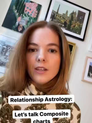 A medium shot of a woman with long brown hair, looking slightly to the left. She is in front of a white wall with framed pictures. Overlaying text at the bottom reads, 'Relationship Astrology: Let's talk Composite charts'.