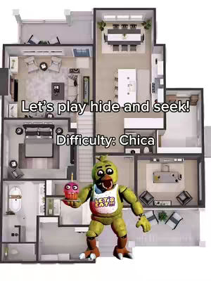 A top-down view of a house layout features a cartoonish depiction of Chica from Five Nights at Freddy's. Above, text layers indicate 'Let's play hide and seek!' then details of 'Difficulty: Chica'.