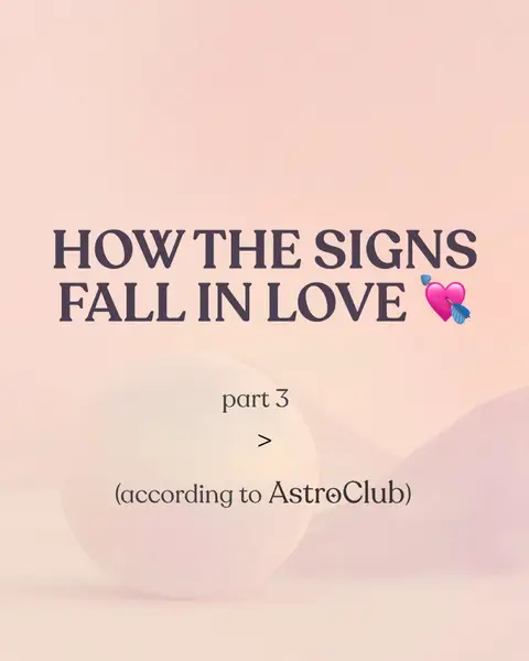 The cover image is a light, pink-themed design with text overlayed. The background transitions from a slightly darker shade at the top to a lighter one towards the bottom. In the center, there is a large, blurred white sphere or shape. The text, arranged in varying sizes and colors, is the primary focus. The text includes "HOW THE SIGNS FALL IN LOVE", with the smaller text of "part 3" and "(according to AstroClub)" appearing below. A pink heart with a through-arrow, is situated to the right, adding an element of visual interest. Overall, the layout is clean, the font is bold, and the image is designed to draw viewers in.