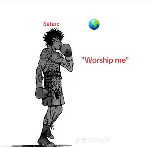 The cover image shows a black and white manga-style illustration of a muscular boxer. To the left, the boxer stands in a fighting stance, head tilted down. To the right, a blue earth-like globe is suspended mid-air. Above the boxer's head, the word 'Satan' is written in red. To the right of the globe and above a white space, the text
"Worship me"
is written in red. The background is plain white.