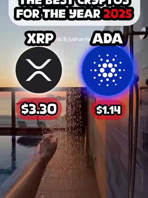 The cover image shows a cryptocurrency-themed concept. The upper half features the text "THE BEST CRYPTOS FOR THE YEAR 2025". Below this, two cryptocurrency logos are displayed: XRP (Ripple), and ADA (Cardano). Beneath each logo are projected price predictions. The foreground is partially obscured by the person's arm with water flowing over both the arm and the background. The background suggests a pool area during sunset with an appealing sunset view.