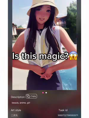 An AI-generated anime girl with dark hair and a hat is holding a book. The image has a blue background resembling a pool. Text overlayed on the image says 'Is this magic?' with an astonished emoji.