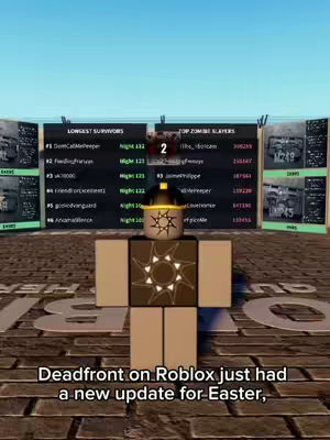 The Roblox character stands in front of two display panels, with the game's title, 'Deadfront' at the bottom. The background is urban-themed.