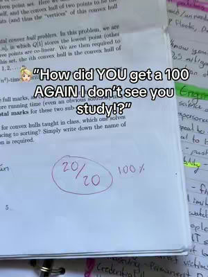 The image shows a page from a notebook with handwritten notes and a circled grade. Overlaid on the image is a speech bubble with text.