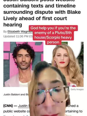 The image is a split-screen. On the left side shows a cropped photo of Justin Baldoni, and on the right side shows a cropped photo of Blake Lively. Overlaid in the middle, the creator's face is partially visible; she has glasses. On the left upper of the image, there is a website containing texts. In the middle, there's a pink rectangle with text. There are snippets of text on the bottom, and the entire photograph is framed over a newspaper background. 