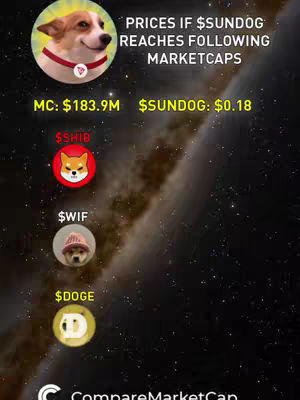 An image showing a graphic with a corgi dog in a round profile picture pointing to the top left corner, with text overlaid explaining the potential prices of a cryptocurrency ($SUNDOG) at different market caps, compared with those of other cryptocurrencies ($SHIB, $WIF, $DOGE). The background has a blurred galaxy image to it.