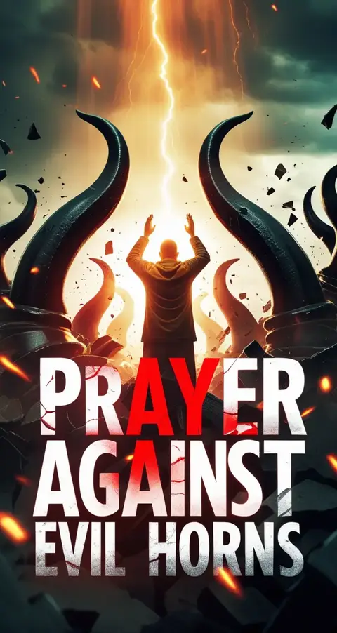 An illustrated image depicting a man with raised arms, bathed in golden light, with dramatic black horn-like structures surrounding him. A bolt of lightning strikes down from a stormy sky. Bold white and red text reads 'PRAYER AGAINST EVIL HORNS'.