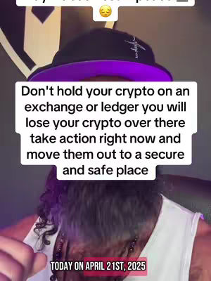 The image features a man wearing a black hat with a purple brim and a white tank top, looking at the camera. Overlayed on the image is a white rectangular text box containing advice about cryptocurrency security. The background is a blurred office setting with some dark-colored lines. The overall composition is a medium shot, focusing on the man from the chest up.