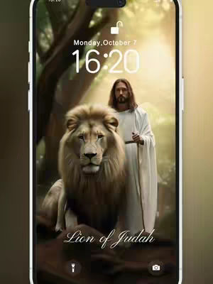 The cover image displays a phone screen with a digital wallpaper of Jesus standing beside a majestic lion. The lion, with its thick, golden mane, gazes directly forward, while Jesus, dressed in white robes, stands to the right. The image is set against a blurred background of a forest, bathed in soft, golden light. The time and date are displayed at the top, and stylized text 'Lion of Judah' is placed at the bottom.