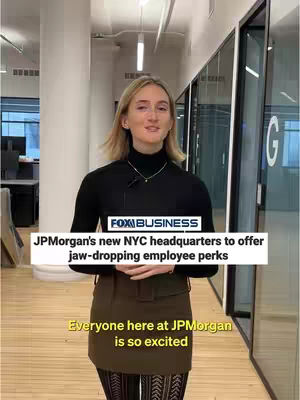 A woman with blonde hair stands in an office setting, speaking to the camera. Text overlays read "FOX BUSINESS" and informational phrases about JPMorgan. The background features modern office architecture.