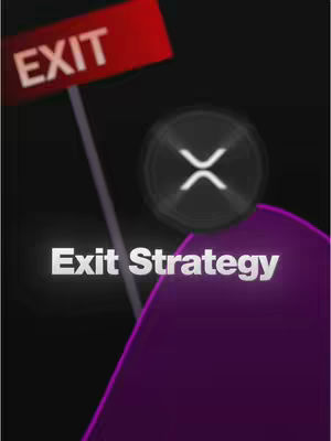 A graphic with a black background. There is a red exit sign pointing left. Below it white text says 'Exit Strategy'. There is an XRP coin graphic with a white 'X' and a dark purple angled graphic