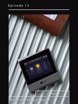 The cover image displays a hardware wallet device with a screen showing various cryptocurrency icons, placed on a metallic textured surface. A brown wallet is visible in the background, and the overall composition is angled diagonally. The image is framed with black borders.