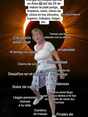 An image featuring an older woman standing in front of a blurred background with the colors of a solar eclipse. Text overlays with the text describing the energies of the eclipse and related astrological themes.