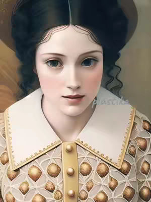 A digital painting-style image features a woman with light skin, dark wavy hair parted in the middle, and blue eyes. She's wearing a white collar and a cream and gold dress with a geometric pattern. The composition is a close-up, focusing on her face and upper body, and the background is a blurry mix of yellow and brown hues, creating a soft, warm atmosphere.
