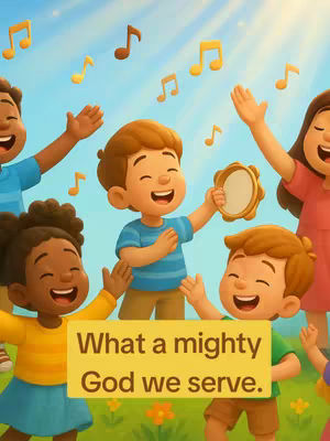 An illustrated image of a group of cartoon children singing and celebrating. The background is a bright blue sky with musical notes floating in the air. A yellow banner at the bottom of the image adds the hook text.