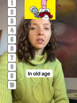 A woman wearing a green sweater looks towards the viewer with a slightly concerned expression. Above her is a yellow rectangle containing a cartoon of a nurse carrying an elderly person, with numbered boxes down the left side, indicating a ranking system, and the text 'In old age' below.