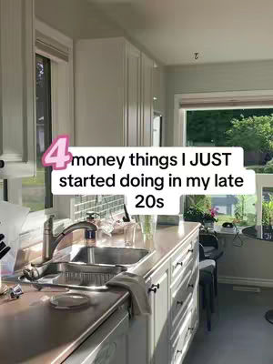 The video cover shows a bright kitchen with white cabinets and appliances. The focal point is a countertop with a sink, and the text overlay features a pink number 4 and white text describing the video topic.