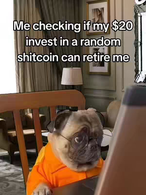 A pug wearing glasses and an orange shirt sits at a desk, looking at a laptop. Text overlays indicate the image is about cryptocurrency.