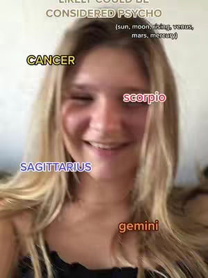 A close-up of a young woman's face is shown with text overlays indicating astrological signs placed over her face. The woman has long blonde hair, parted in the middle, and is smiling with closed eyes. The image has a warm, slightly blurred aesthetic. The background is a light, nondescript color.