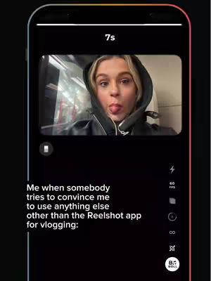 A phone screen displays an app interface, showing a woman in a hoodie with her tongue out on a train. Text overlays describe the app's use.
