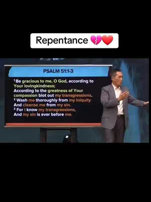 A man in a suit stands beside a screen displaying religious text. Above, a white banner reads 'Repentance' with a broken heart and a heart emoji.