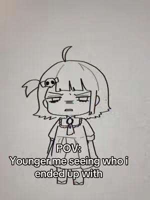 A black and white cartoon drawing of a female anime-style character with a stern expression against a plain background. The character is in a dress with a bow at the top, and the added text gives context.