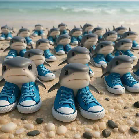 An image of numerous shark figures anthropomorphized to wear blue sneakers, standing on a sandy beach with water and sky in the background.