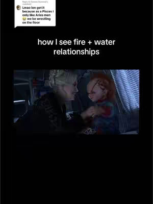 The image is a screen capture from a movie. The scene shows a woman and a doll on the screen. Text overlays are positioned at the top and bottom, and the bottom overlay sits on top of the movie scene.
