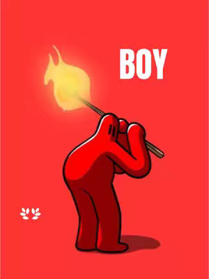 The cover image depicts a stylized, cartoonish figure of a person in red against a red background. The figure is bent over, holding a matchstick with a lit flame. The word 'BOY' is written in white, bold letters above the figure. A small design element, resembling a laurel wreath, appears in the lower left corner. The overall composition is simple, with primary emphasis on the figure and the word 'BOY'.