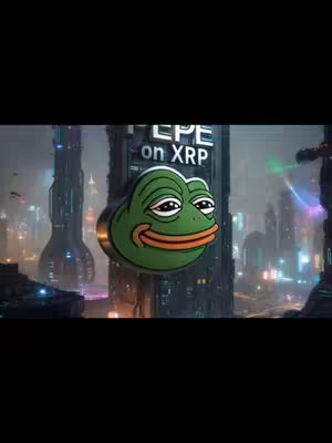 The image presents a futuristic city at night. The foreground features a large Pepe the Frog meme, rendered in 3D. The frog is green with a relaxed expression and an orange mouth. Behind the meme is a tall, dark building with the text.
PEPE on XRP. The background is a cityscape with tall buildings, neon lights, and flying vehicles. The overall mood is digital, and the color scheme is mostly dark with pops of neon.