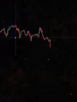 The image shows a dark-colored stock chart on a black background. The chart displays fluctuations with red and green lines, and there are dotted lines and small white dots scattered throughout.