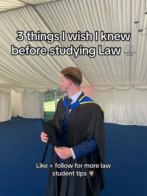 A young man in a graduation gown stands under a white tent. The text overlay reads, '3 things I wish I knew before studying Law.' Below, smaller text says, 'Like + follow for more law student tips.'